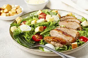 Light Colored Background Food Photography Drucke: Caesar salad, with duck breast