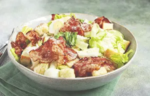 Quail Eggs Drucke: Caesar salad with fried bacon, quail eggs
