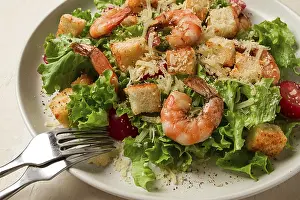 Homemade Caesar Salad Drucke: Caesar salad, with shrimp, on a white background