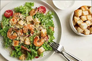 Homemade Seafood Salad Drucke: Caesar salad, with shrimp, on a white background