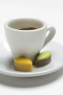 French Almond Confectionery Drucke: Calisson d'Aix and cup of coffee