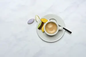 French Almond Confectionery Drucke: Calisson d'Aix and cup of coffee