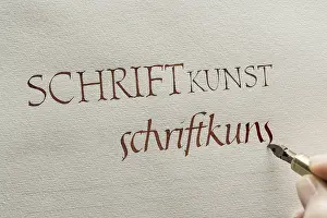 Calligrapher In Upper Bavaria Drucke: Calligraphy studio, hand writes text with ink