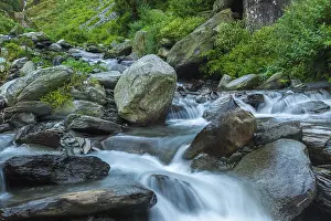 Himachal Pradesh Waterfall Drucke: Cascade falls over mossy rocks