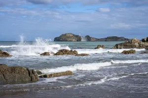 Wave Crashing On Rocks Drucke: Castlepoint Beach and Castlepoint Lighthouse