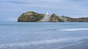 Australasia Coastal Landscape Drucke: Castlepoint Beach with lighthouse on the rock