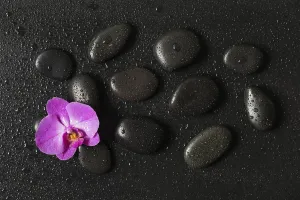 Spa-Konzept mit schwarzen Basalt-Massagesteinen, die auf einem schwarzen Hintergrund angeordnet sind.