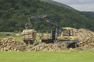 United Kingdom Outdoor Landscapes Drucke: Loading sawn timber logs onto trailers