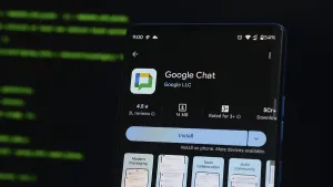 Digital Communication Platform Drucke: Google Chat app screen with coding backdrop