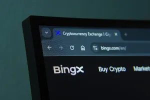 Cryptocurrency Blockchain Technology Drucke: Close-up of a computer screen displaying the BingX web interface in dark mode