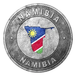 Deserted Country Flags Drucke: Namibia Flag Button with Map, Coin Style