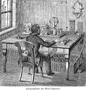 Historical Illustration Germany Drucke: Telgraphing on the Morse code machine