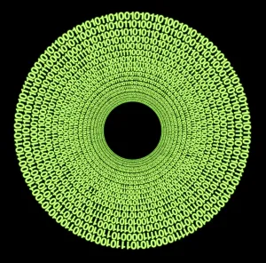 Deserted Digital Landscape Drucke: Symbolic hard disc made of circular binary code in black back