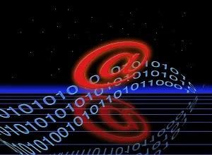Contemporary Computer Graphics Drucke: Conceptual digital images showing computer @ sign with computer code with reflection