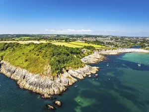 Drone Photography Cornwall UK Drucke: Cliffs over Swanpool Beach and Stack Point from a drone