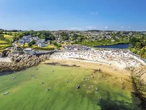 UK Coastal Landscape Photography Drucke: Cliffs over Swanpool Beach and Stack Point from a drone