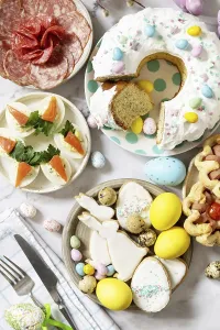 Festive Holiday Baking Drucke: Festive dinner, Easter brunch. Easter table scene with an assortment of baking