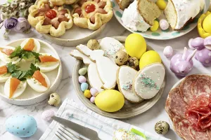 Marble Background Desserts Drucke: Festive dinner, Easter brunch. Easter table scene with an assortment of baking