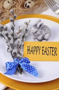 Easter Food Still Life Drucke: Fragment table setting willow branches Easter theme