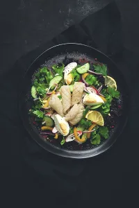 Homemade Seafood Dish Drucke: Salad of squid and vegetables, with egg