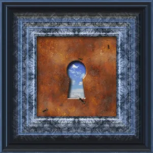 Drucke von Schlüsselloch in einem Bilderrahmen, mit Ameisen, die sich darum herum bewegen Kunstwerke Des Surrealismus Drucke: Schlüsselloch in einem Bilderrahmen.