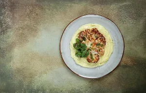 Homemade Food Photography Drucke: Cauliflower steak, with mashed potatoes