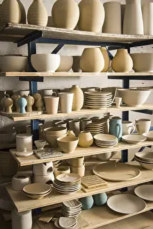 Ceramic Workshop Germany Drucke: Ceramic workshop, drying rack with pottery