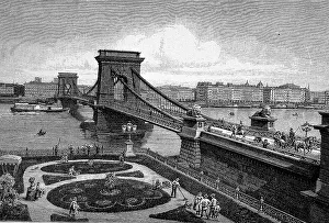 Danube River Hungary Drucke: The Chain Bridge over the Danube