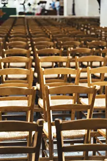 Uninhabited Church Interior Drucke: Empty chairs inside a church forming a pattern