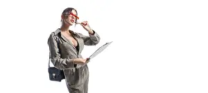 Caucasian Ethnicity Portrait Photo Drucke: Charming girl makes notes on the tablet