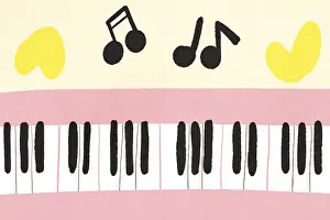 Drucke von Charmante Illustration mit rosa Hintergrund, schwarzen und weißen Klaviertasten, Musiknoten und goldenen Herzformen. Perfekt für musikbezogene Designs und spielerische Dekoration Minimalistische Kunstwerke Drucke: Reizvolle Illustration mit rosa Hintergrund.