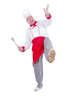 Caucasian Male Chef Drucke: Cheerful chef dancing on white background