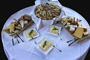 No People Eating Scene Drucke: Cheese buffet, bread and cheese on a round table
