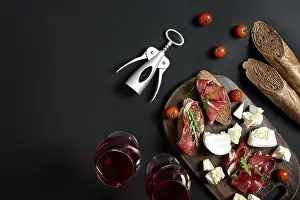 Food Photography Rustic Style Drucke: Cheese and meat appetizer selection