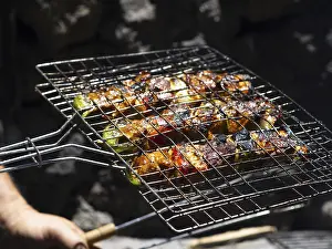 Grilled Vegetable Meal Drucke: Chef roasting vegetables grill