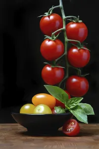 Fruit Still Life Photography Drucke: Cherry tomatoes on the stem and in skin