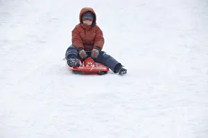 Full Body Length Photo Drucke: A child is sledging down a hilll