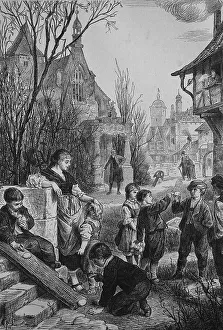 European Holiday Traditions Drucke: Children playing easter games with easter eggs