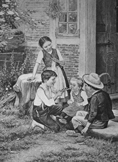 Historic Music Instrument Drucke: Children Practising Playing the Flute