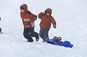 Winter Sledging Drucke: Two children are pulling their sledge up the hill