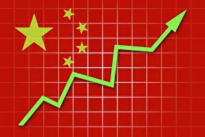 Empty Desert Landscape With Flag Drucke: The Chinese flag and arrow graph going up
