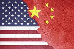 National Colors Symbolism Drucke: The US and Chinese flags on a cracked stone background