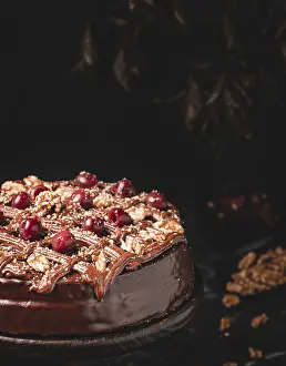 Baked Goods Studio Photo Drucke: Chocolate cake with nuts and cherries