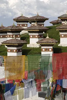 Colorful Prayer Flags Asia Drucke: Chortens at Dochula Pass with the colored prayer flags