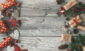 Advent Season Decor Drucke: Christmas flat lay composition with handcraft gift boxes