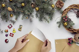 Stationery And Office Supplies Drucke: Christmas table with various items