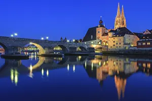Stone Bridge Germany Drucke: Church and bridge reflected in river