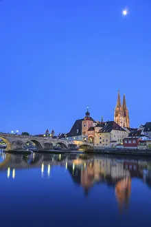 Bavaria Germany Tourist Attraction Drucke: Church and bridge reflected in river