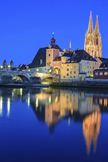 Stone Bridge Germany Drucke: Church and bridge reflected in river