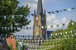Abandoned Church Building Germany Drucke: Church with high tower and flags